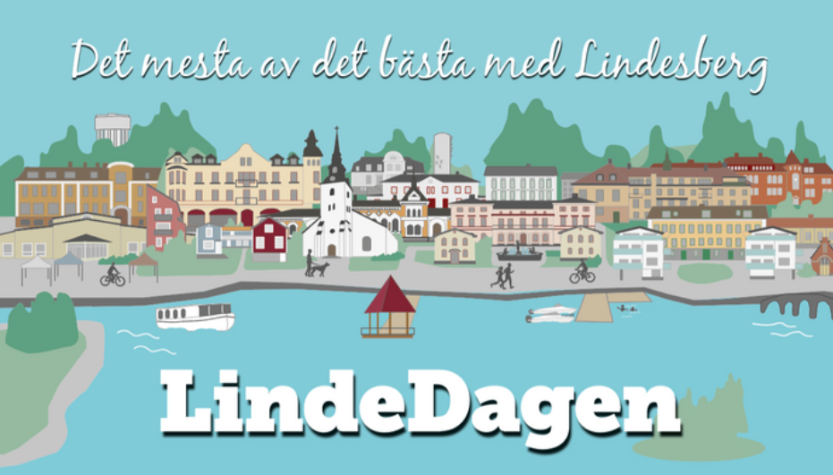 Illustration av Lindesbergs stad med bildtext "Det mesta av det bästa med Lindesberg - LindeDagen".